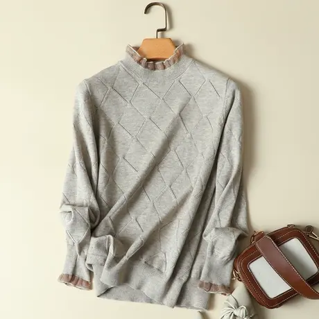 半高领套头针织衫女秋冬新款网纱拼接蕾丝打底衫时尚洋气内搭毛衣图片