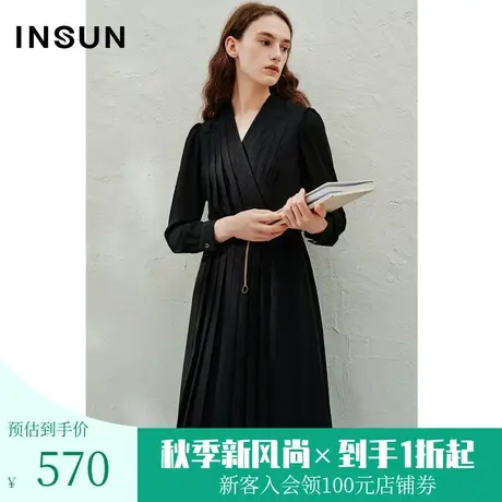 恩裳2023春季新款时髦亮丝压褶小黑裙收腰A摆气质连衣裙图片