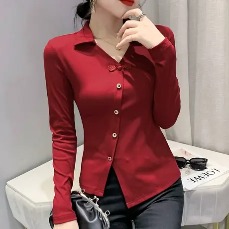 时尚POLO领T恤女长袖秋装不规则开叉打底衫设计感盘扣修身上衣ins商品大图