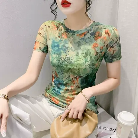 漂亮印花上衣女短袖2023夏季新款圆领网纱T恤ins修身气质小衫半袖商品大图