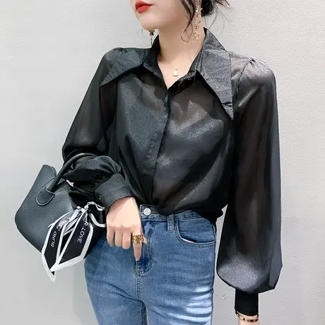 2023春秋新款宽松中长款衬衫女长袖欧货性感透视雪纺上衣POLO小衫图片