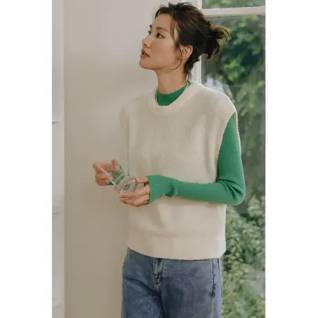 弥古法式针织马甲女春秋白色套头圆领毛衣无袖坎肩背心高级感马夹商品大图