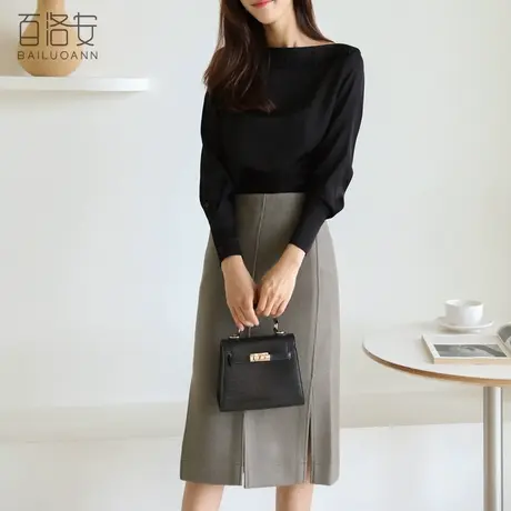 百洛安一字肩衬衣女装秋季新款韩版纯色百搭显瘦长袖套头衬衫上衣图片