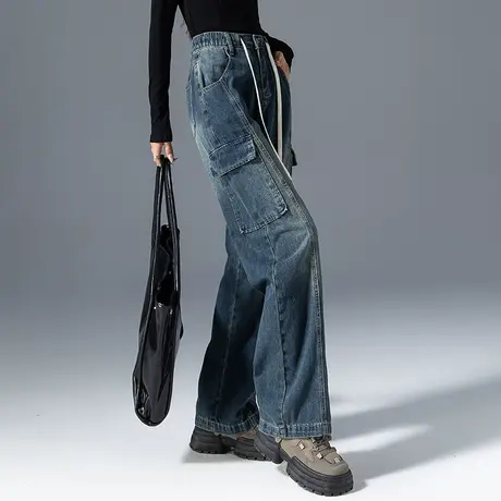 复古高腰阔腿牛仔裤女2023新款美式工装裤春秋女裤显瘦裤子直筒裤图片