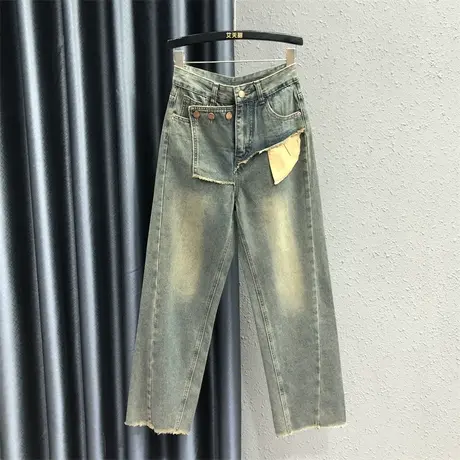 美式复古不规则设计感牛仔阔腿裤女2023秋季新款高腰显瘦直筒裤潮商品大图