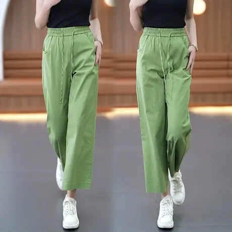 夏季冰丝棉麻阔腿裤女2023新款高腰抽绳九分裤大码宽松垂感直筒裤商品大图