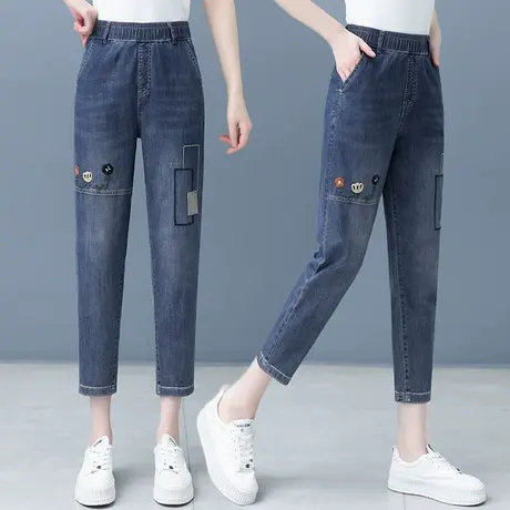 夏季牛仔哈伦裤女松紧腰时尚显瘦八分裤2023薄款小个子八分萝卜裤图片