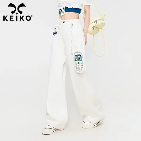 KEIKO 白色牛仔裤女薄款夏季趣味手机口袋显瘦宽松直筒长裤拖地裤商品大图