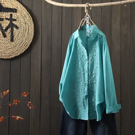 枫谜2021年春装新款文艺门禁刺绣棉麻衬衫女宽松中长款亚麻衬衣图片