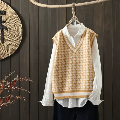 枫谜2021年秋冬新款文艺简约提花针织马夹女宽松V领毛衣马甲坎肩商品大图