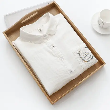 秋装学院风双层棉纱长袖衬衫女宽松小清新文艺刺绣小猫纯棉白衬衣商品大图