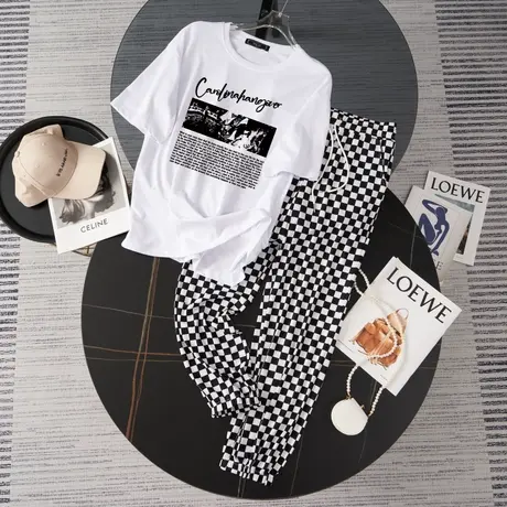 纯棉港风运动服套装跑步女夏季宽松短袖长裤小个子休闲大码两件套商品大图