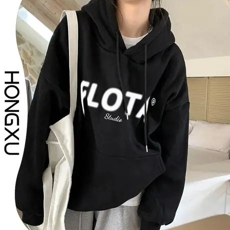 红续黑色oversize显瘦秋冬卫衣简约复古印花连帽上衣加厚百搭长袖图片