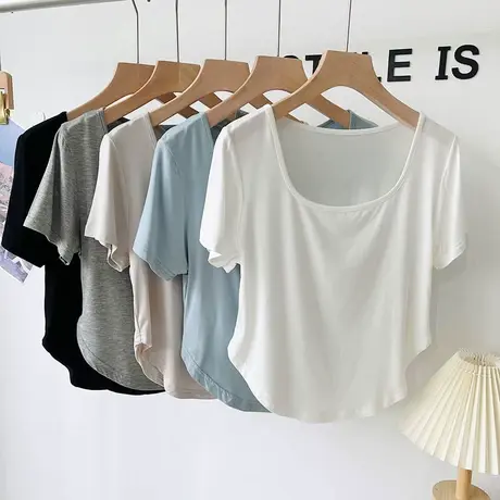 莫代尔方领正肩短袖t恤女夏季运动罩衫时尚洋气休闲瑜伽短款上衣图片