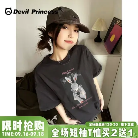 街头风美式复古ins潮牌大版深灰色短袖t恤女春夏新款辣妹正肩上衣图片