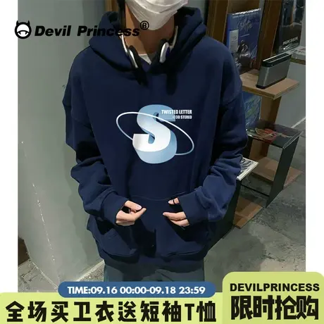 2023新款ins风潮牌字母印花藏蓝色卫衣女宽松显白薄款帽衫上衣秋商品大图