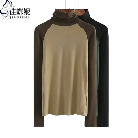 秋冬季新款韩版拼色高领长袖修身显瘦纯棉体恤上衣内搭女打底衫商品大图