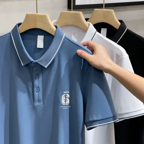 潮牌春夏季新款T男士时尚条纹领小标有领短袖POLO衫半袖翻领体t恤商品大图