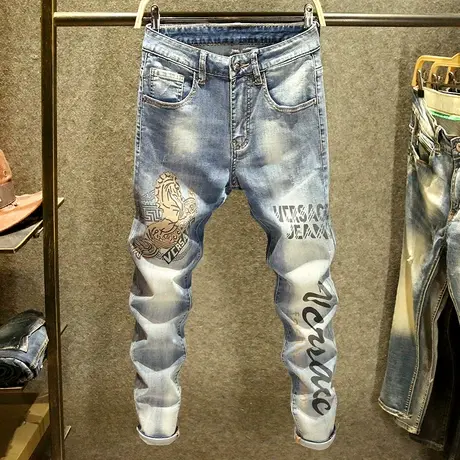 春秋季浅蓝色印花图案牛仔裤男潮牌修身小脚裤高端弹力小直脚男裤商品大图