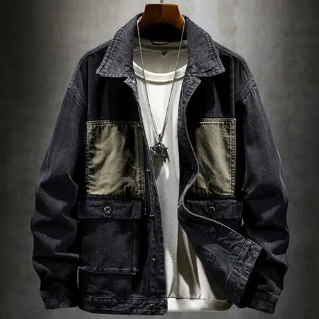 翻领工装牛仔夹克男2022年冬季黑色新款潮牌宽松百搭潮男痞帅外套图片