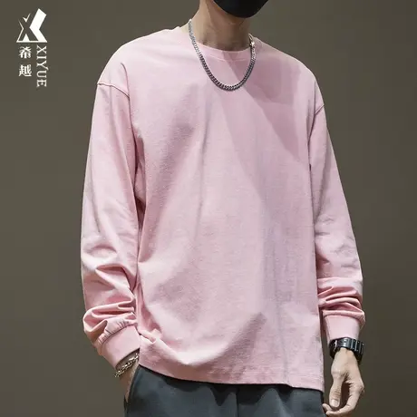 男款精梳棉长袖t恤男秋冬慵懒风男生宽松大码男士粉色内搭打底衫商品大图