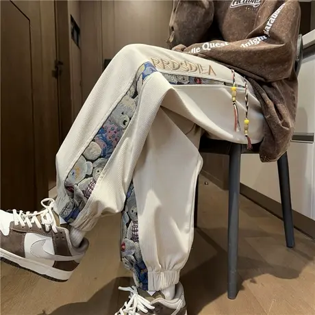 灯芯绒休闲裤男中国风新中式小熊刺绣复古运动裤潮流帅气国潮卫裤商品大图