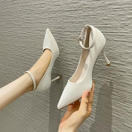 2023年新款尖头细跟黑色优雅职业高跟鞋通勤工作鞋一字带气质名媛图片