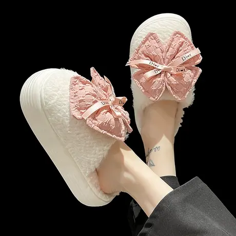 棉拖鞋女冬季少女心可爱蝴蝶结防滑厚底增高室内居家毛绒保暖拖鞋商品大图