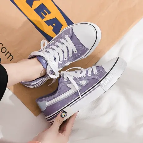 小白鞋2020新款夏初秋款紫色帆布鞋女ulzzang百搭平底板鞋女ins潮图片