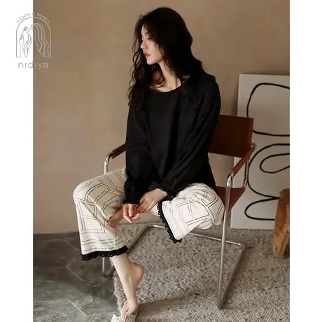 妮狄娅睡衣女春季纯棉长袖长裤套头圆领时尚春秋款时尚家居服套装商品大图