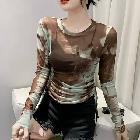 网纱薄款防晒衫女长袖2024夏季新款扎染印花上衣设计感抽绳T恤ins图片