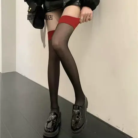 2022爆款花爆款红边丝袜红色过膝拼接长筒袜子女大腿袜超薄款高筒商品大图
