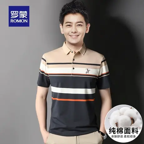 罗蒙男士纯棉短袖Polo衫夏季薄款条纹带翻领T恤商务刺绣冰丝衣服图片