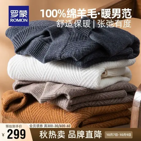 【100%纯羊毛】罗蒙男士圆领长袖针织衫2023秋冬新款加厚保暖毛衣商品大图