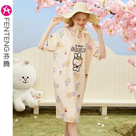 芬腾睡裙女纯棉夏季薄款短袖连衣裙可爱卡通布朗熊少女家居服睡衣商品大图