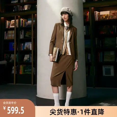 歌莉娅奥莱秋季新品双层精纺羊毛西装咖啡色修身通勤1B9L6M300图片