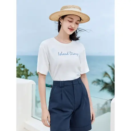 茵曼清新休闲T恤2023夏女装新款圆领短袖海洋元素图案印花上衣图片