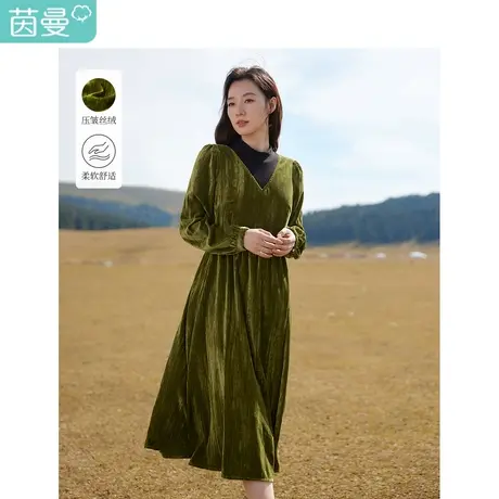 茵曼假两件针织拼接连衣裙2023冬季女装新款压皱丝绒流光显瘦裙子图片