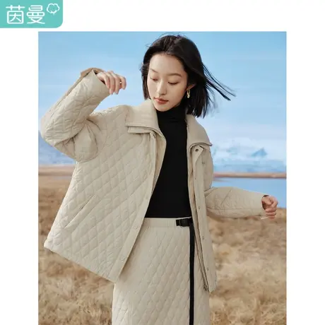 茵曼菱格间棉短棉衣2023冬季女装新款双层翻领长袖宽松小个子外套图片
