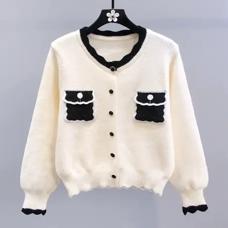 小香风撞色毛衣外套女2023秋冬新款宽松设计感小众减龄针织开衫商品大图