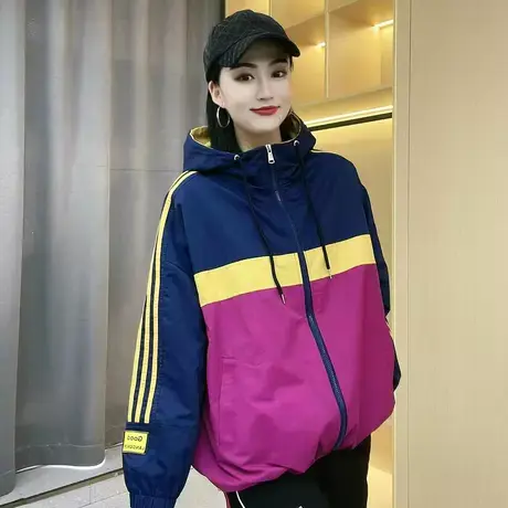 复古撞色拼接外套女ins潮2023秋季新设计感小众宽松连帽夹克上衣图片