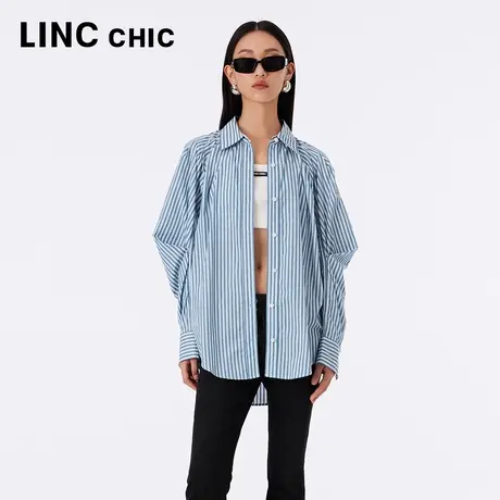LINCCHIC金羽杰2023秋装透气设计造型感宽松中长款条纹蓝色衬衫女商品大图