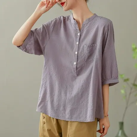 dza 复古单口袋纯棉衬衫女2023夏薄立领白色衬衣休闲宽松套头上衣商品大图