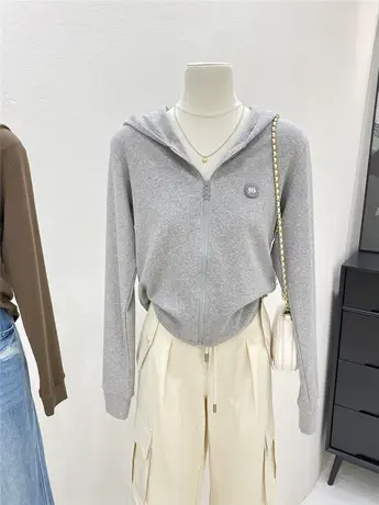 早秋2023新款极简设计感小众拉链开衫短款连帽卫衣女休闲外套上衣商品大图