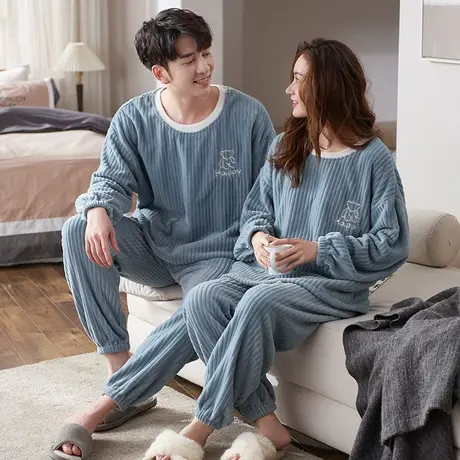 猫人情侣睡衣女秋冬季法兰绒加绒加厚春秋季男士家居服套装可外穿商品大图