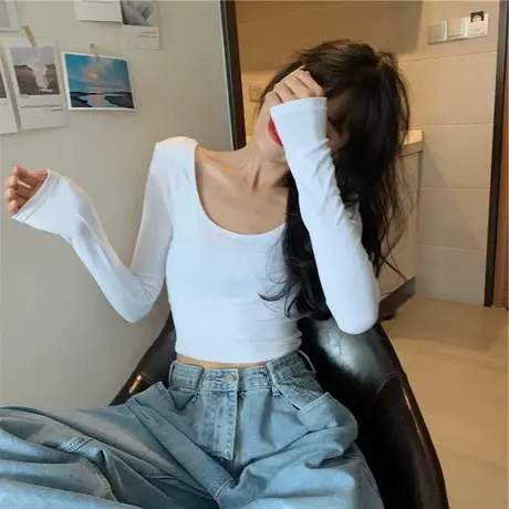辣妹软糯u领长袖T恤女秋季2023新款纯欲风修身百搭短款打底衫上衣商品大图