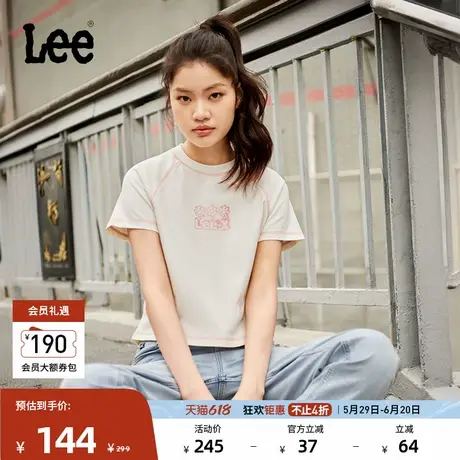 Lee25春夏新品舒适版圆领插肩袖Logo印花米白色短款女短袖T恤休闲图片