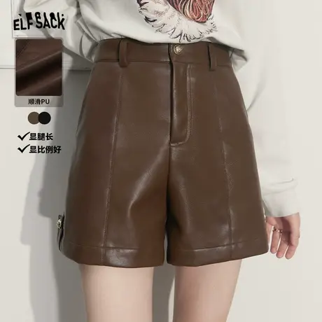 妖精的口袋美拉德直筒皮裤女2023秋季新款小个子高腰显瘦休闲短裤图片