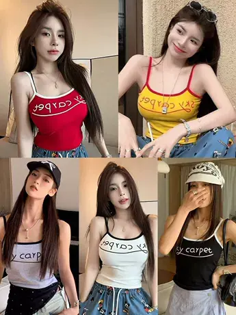 美式辣妹字母印花吊带背心女夏季外穿带胸垫美背修身显瘦短款上衣图片
