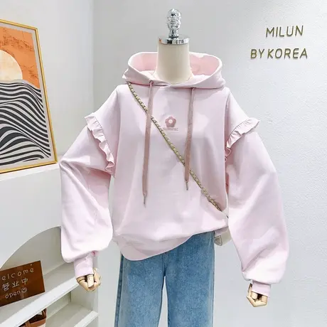 ins奶油软糯上衣秋季韩代款甜美荷叶边连帽卫衣薄款外套微胖遮肉商品大图